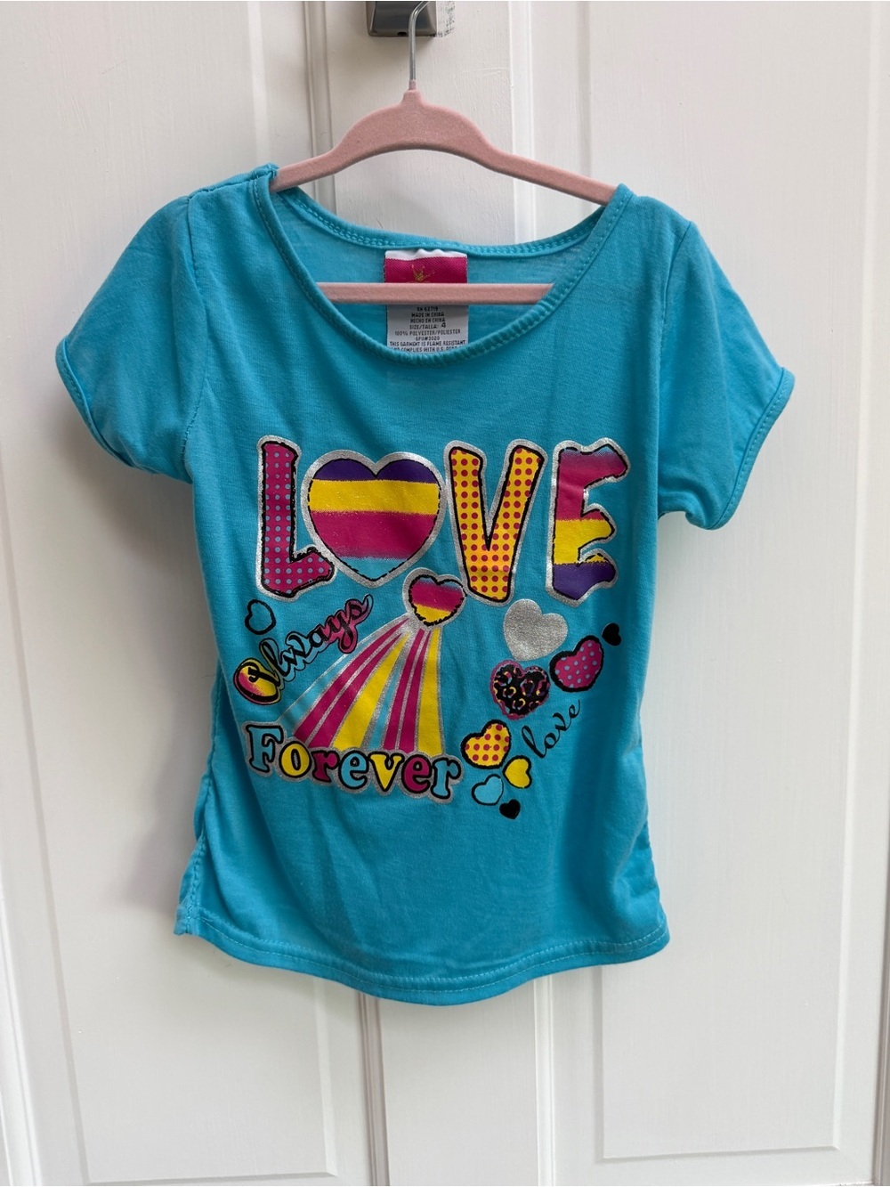 Diva Girls 4 Blue Short Sleeve "LOVE Forever" Rainbow Graphic Tee Top Blouse